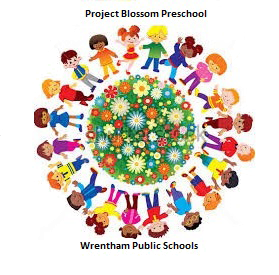 Project Blossom Preschool logo - Wrentham Public Schools - diverse kids circling sphere of flowers on green background